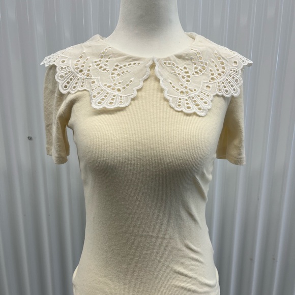 Zara Tops - Zara Cream Short Sleeve Top with Lace Collar